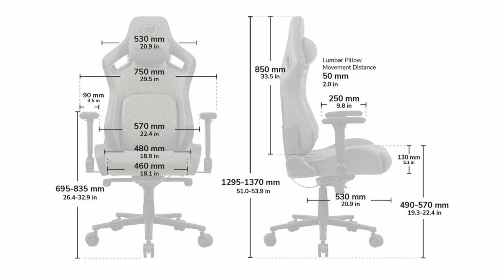 Chaise de jeu COUGAR DEFENSOR S : une assise plus profonde et plus large, un dos bien soutenu 5 COUGAR DEFENSOR S dimensions