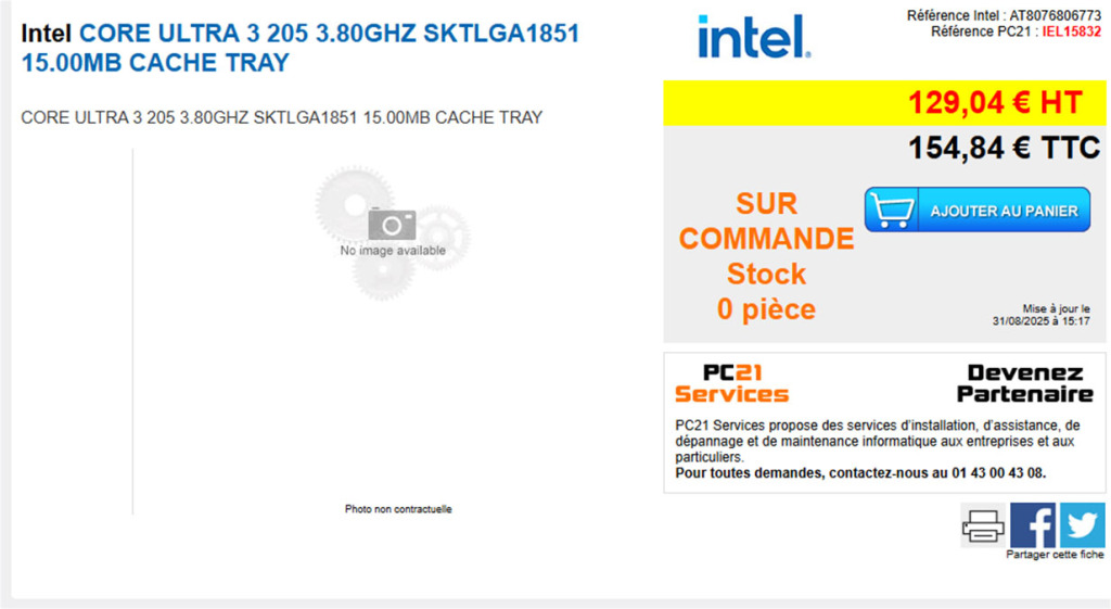 Benchmarks Core Ultra 3 205 : 23 % plus rapide que l’i3-14100 en multicœur, proposé à 150 euros en France 2 Intel CORE ULTRA 3 205 prix PC21.FR