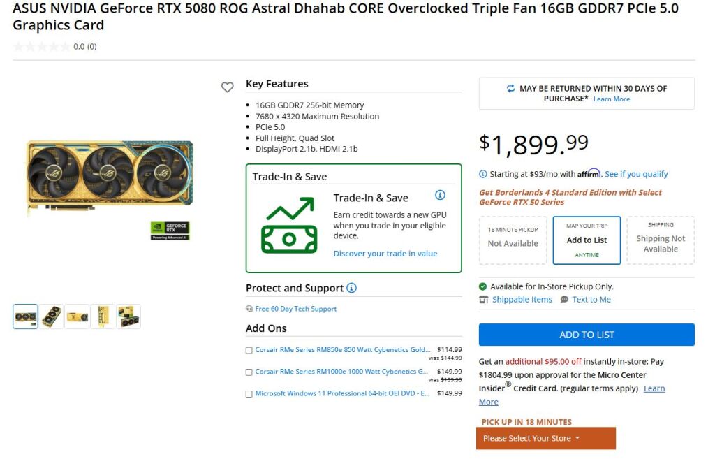 ASUS ROG Astral RTX 5080 Dhahab CORE : 1899 $ pour du faux or 3 RTX 5080 Dhahab CORE Micro Center (Copier)