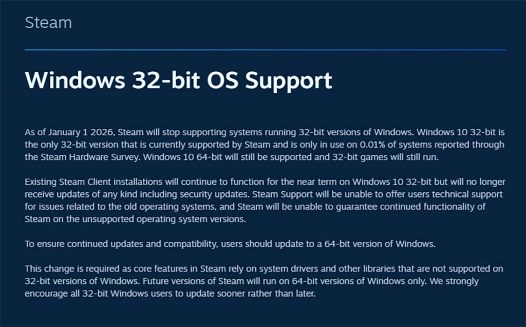 Steam ne fonctionnera plus sur Windows 32-bit à partir du 1er janvier 2026 2 fin de support steam windows 32 bit 01