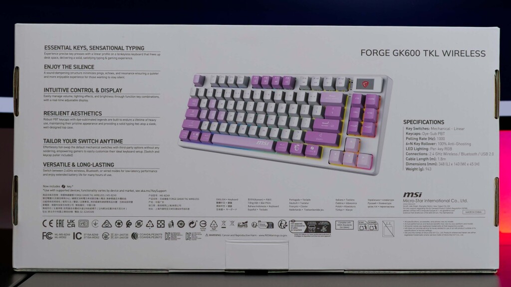 msi forge gk600 tkl wireless violet box verso
