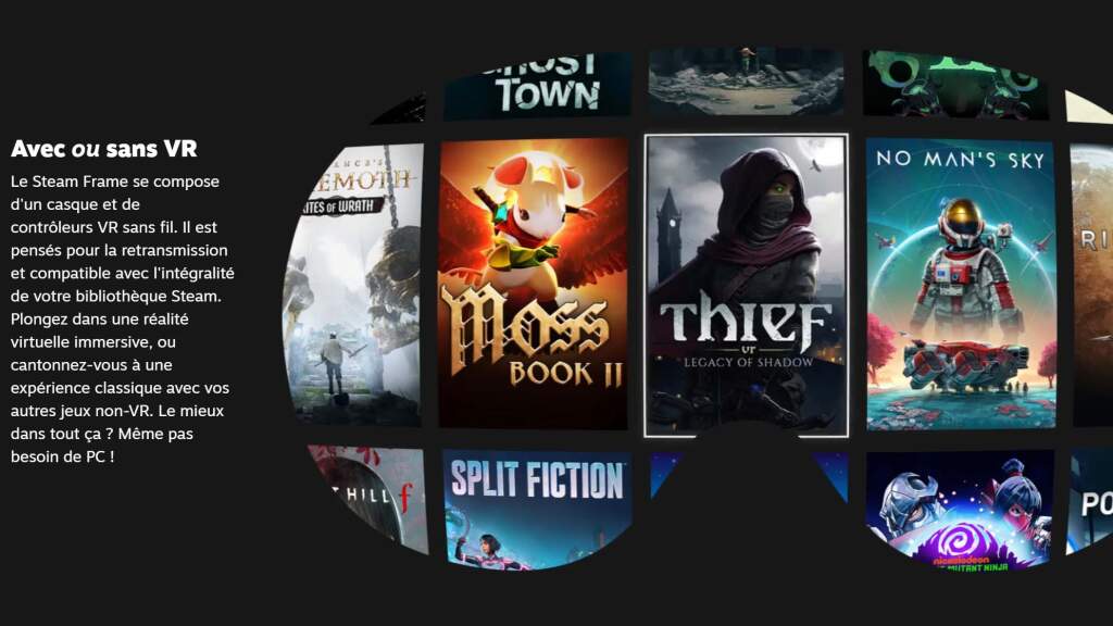 Interface SteamOS 3 sur le casque Steam Frame, affichant la navigation dans la bibliothèque Steam.