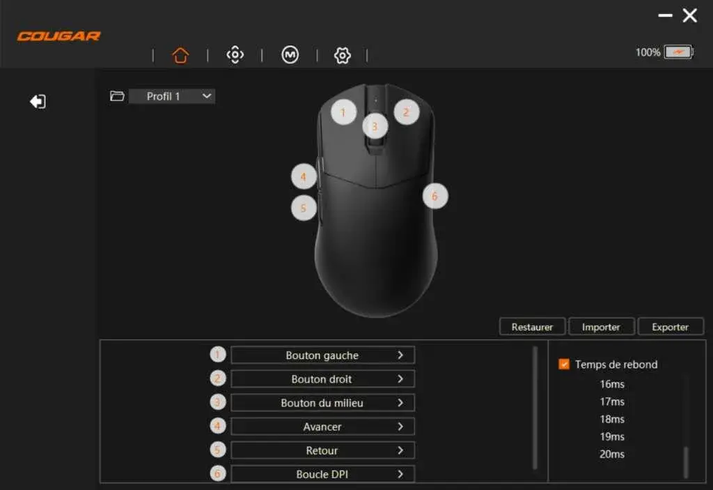 COUGAR Revenger Pro 4K logiciel macros temps de rebond