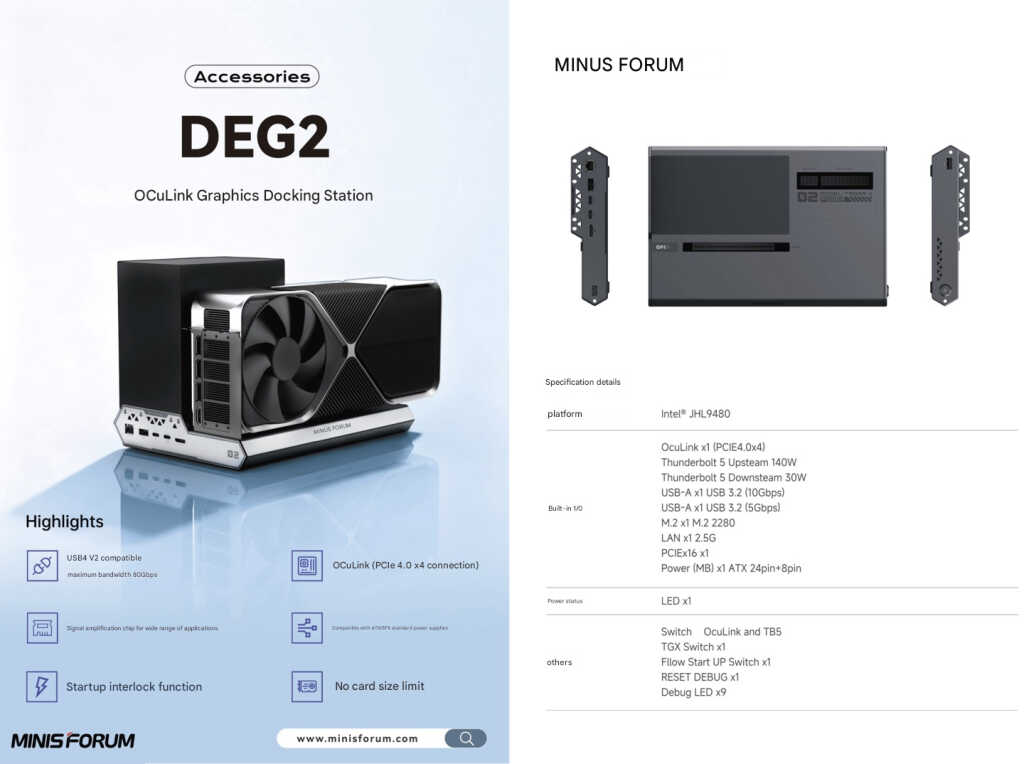 Minisforum DEG2 : dock eGPU Thunderbolt 5 et OCuLink pour plus de compatibilité 2 Minisforum DEG2 JP specs carte