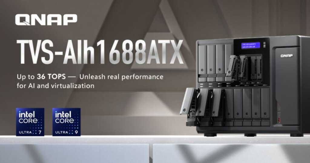 QNAP TVS-AIh1688ATX : NAS IA avec NPU Intel et 36 TOPS pour entreprises 2 QNAP TVS-AIh1688ATX NAS IA entreprise avec NPU Intel 36 TOPS, châssis rackable, multiples baies HDD/SSD, ports réseau 10GbE