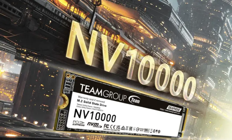 Team Group NV10000 PCIe 5.0 : un SSD M.2 à 10 000 Mo/s pour PC et laptops 1 Team Group NV10000 PCIe 5.0 SSD M.2, 10 000 Mo/s, dissipateur noir, stockage NVMe haute performance pour PC et laptops