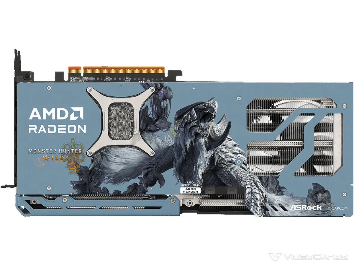 Radeon RX 9070 XT Monster Hunter : AMD met en jeu 5 GPU en édition limitée 4 Carte graphique ASRock Radeon RX 9070 XT édition Monster Hunter, shroud noir et accents dorés, vue de trois quarts sur fond n
