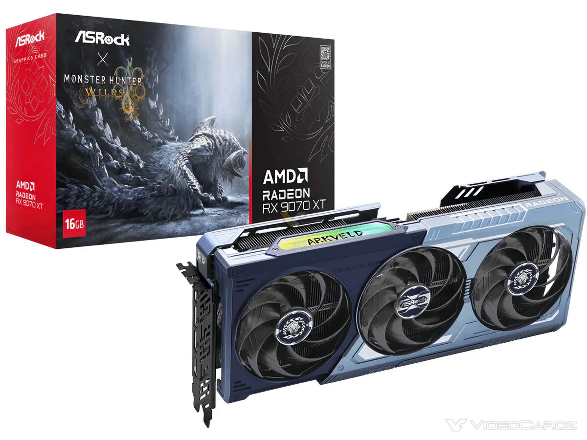 Carte graphique ASRock RX 9070 XT édition Monster Hunter Wilds, carénage noir et motifs dorés, vue de profil avec triple vent