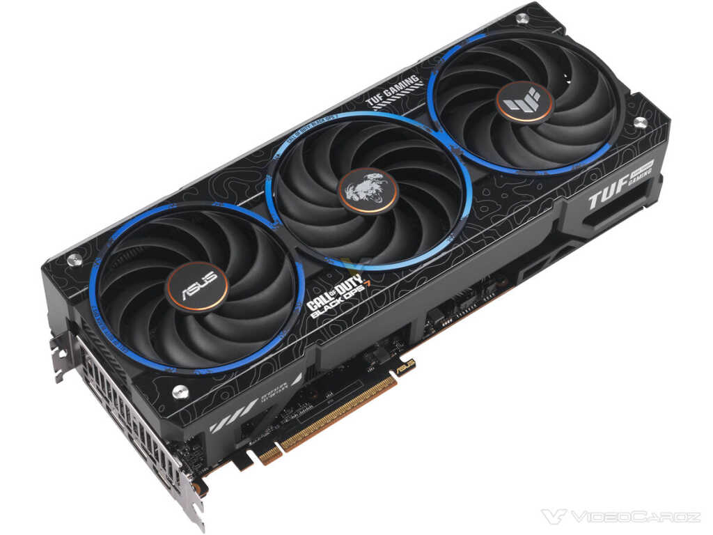 Radeon RX 9070 XT TUF Black Ops 7: édition limitée ASUS à 1000 exemplaires 6 Carte graphique ASUS Radeon RX 9070 XT TUF en édition Call of Duty Black Ops 7, vue de profil avec carénage noir et triple ve