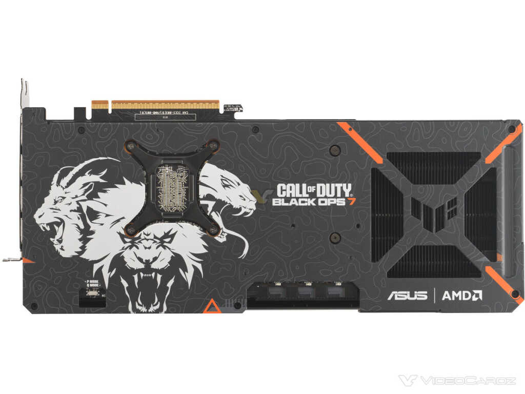Radeon RX 9070 XT TUF Black Ops 7: édition limitée ASUS à 1000 exemplaires 9 Carte graphique ASUS Radeon RX 9070 XT TUF en édition Call of Duty Black Ops 7, vue de profil avec carénage noir et logo lumi