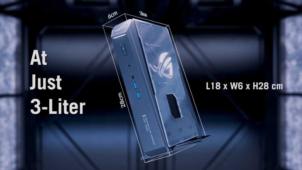 ASUS ROG GR70 : Ryzen 9 9955HX3D et fin du nom NUC pour ce mini PC gaming 2 PC gaming compact ASUS ROG GR70 posé de biais, boîtier noir anguleux éclairé RGB, équipé d’un Ryzen 9 9955HX3D, sans marque N