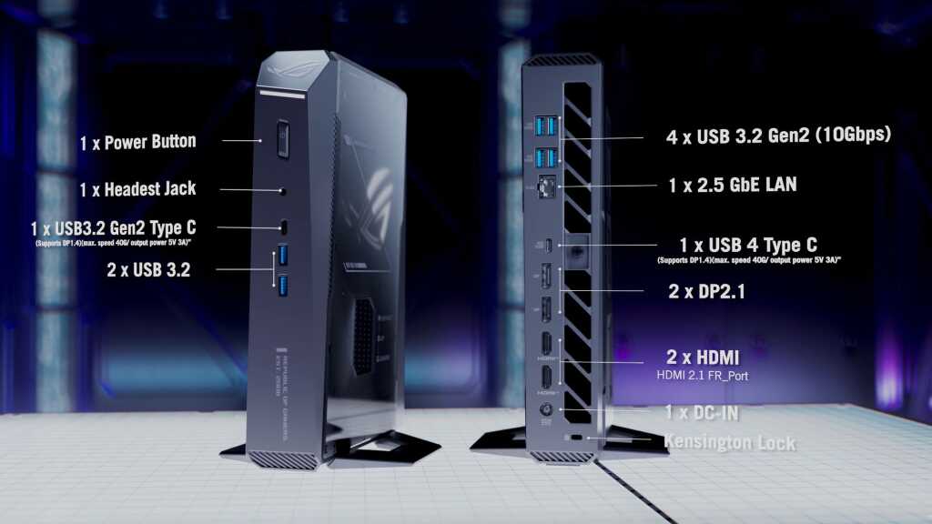 ASUS ROG GR70 : Ryzen 9 9955HX3D et fin du nom NUC pour ce mini PC gaming 3 Vue de l’ASUS ROG GR70, mini PC gamer compact équipé d’un Ryzen 9 9955HX3D, éclairage RGB et façade aérée, image 3 sur 7.