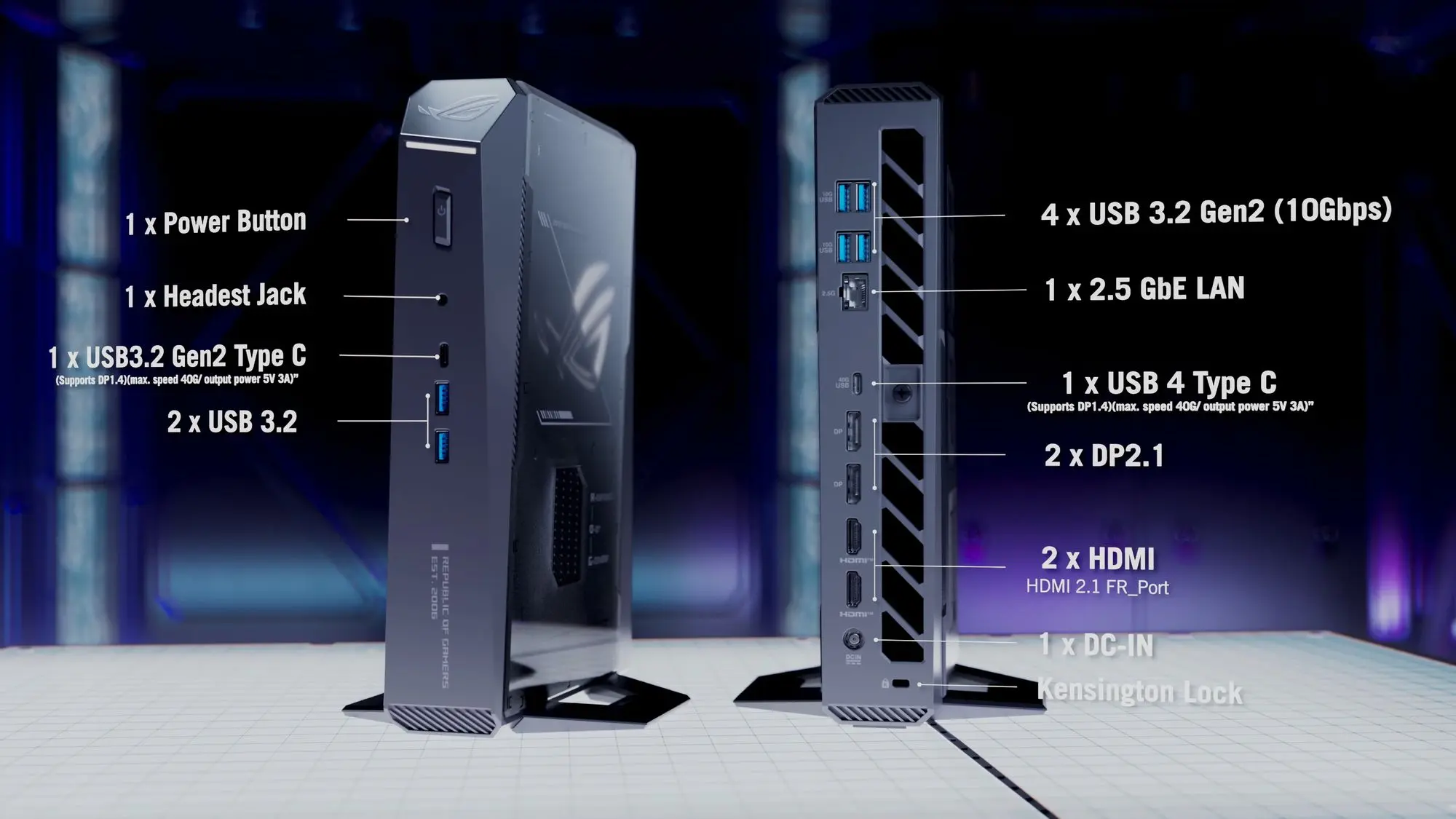 ASUS ROG GR70 : Ryzen 9 9955HX3D et fin du nom NUC pour ce mini PC gaming 7 Vue de l’ASUS ROG GR70, mini PC gamer compact équipé d’un Ryzen 9 9955HX3D, éclairage RGB et façade aérée, image 3 sur 7.