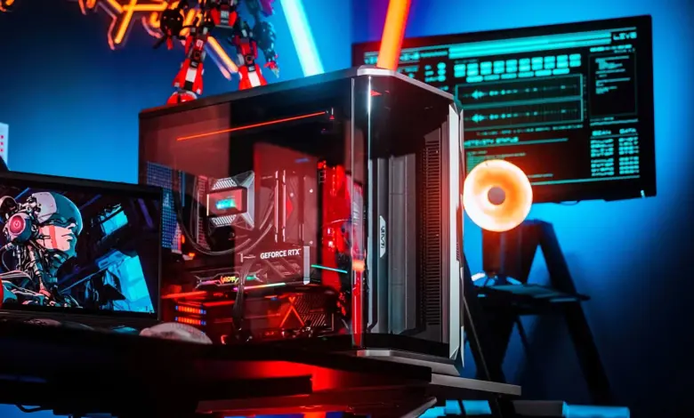 Colorful iGame Vulcan : PC Gamer avec écran détachable sur la GPU et AIO LCD 1 PC Colorful iGame Vulcan en vue de face, boîtier vitré, carte graphique avec écran détachable et nouveau watercooling AIO.