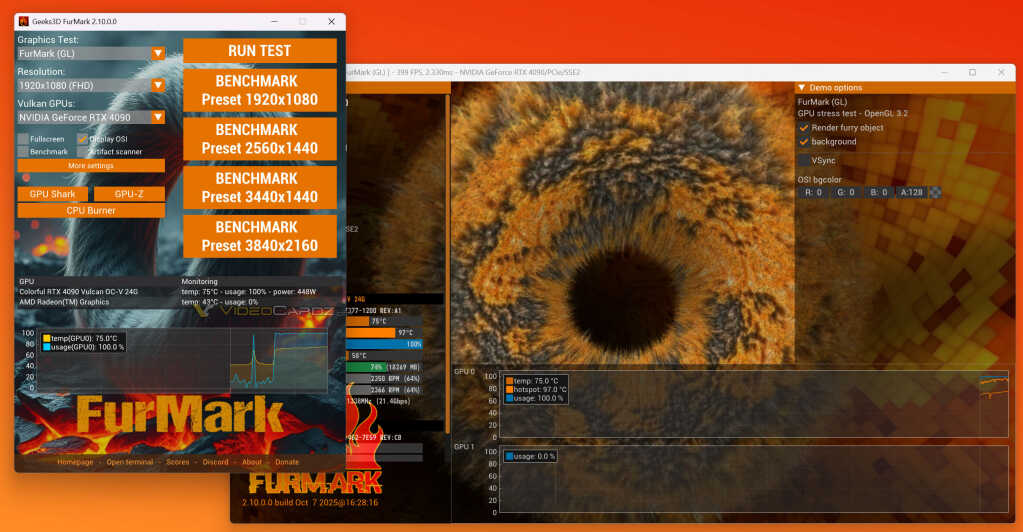 Interface de FurMark 2.10 affichant un test GPU, mettant en avant le préréglage ultra-large et la compatibilité Radeon RX 906