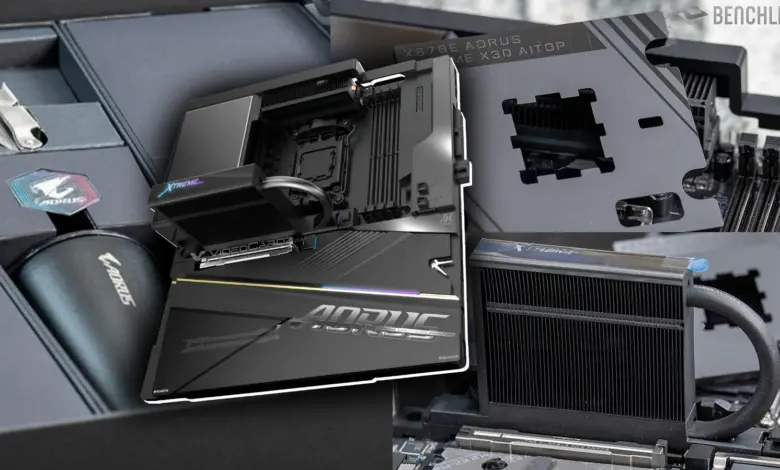 Carte mère X870E AORUS XTREME X3D AI TOP : unboxing avec thermos, couteau et capots M.2 1 Carte mère Gigabyte X870E AORUS XTREME X3D AI TOP vue de dessus, design haut de gamme avec heatsinks massifs et éclairage RGB