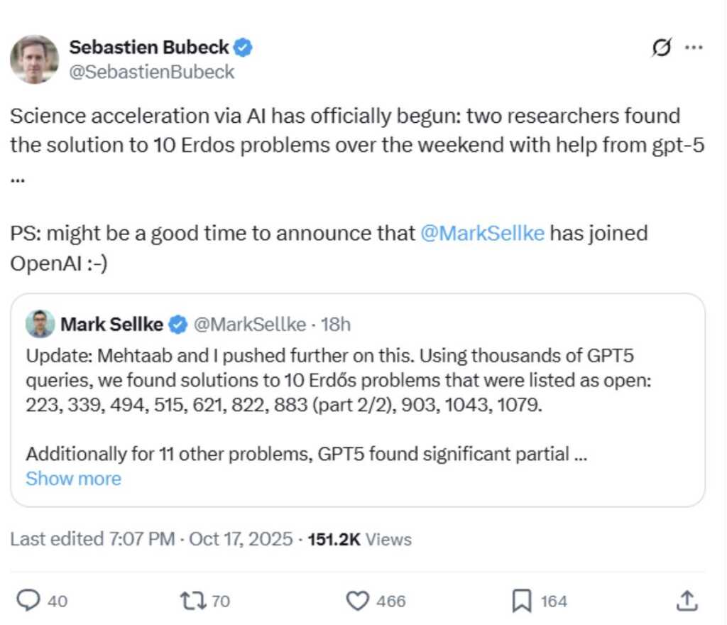 OpenAI et les « percées » mathématiques de GPT-5 contestées par la communauté 2 vice‑président d’OpenAI, affirmant que GPT-5 avait trouvé des solutions à 10 problèmes d’Erdős