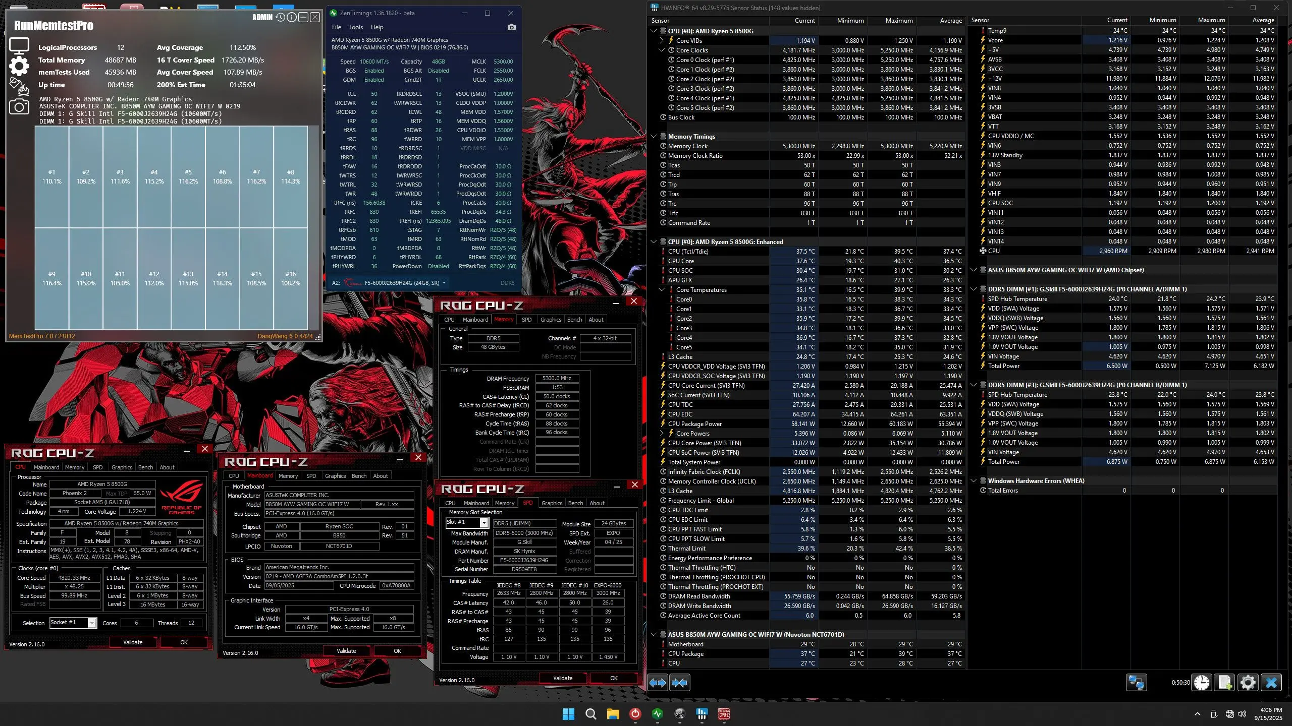 G.Skill DDR5 10600 MT/s sur Ryzen 5 8500G : record stable sur ASUS B850M-AYW 2 Illustration de l'article : G.Skill DDR5 10600 MT/s sur Ryzen 5 8500G : record stable sur ASUS B85 (vue principale)