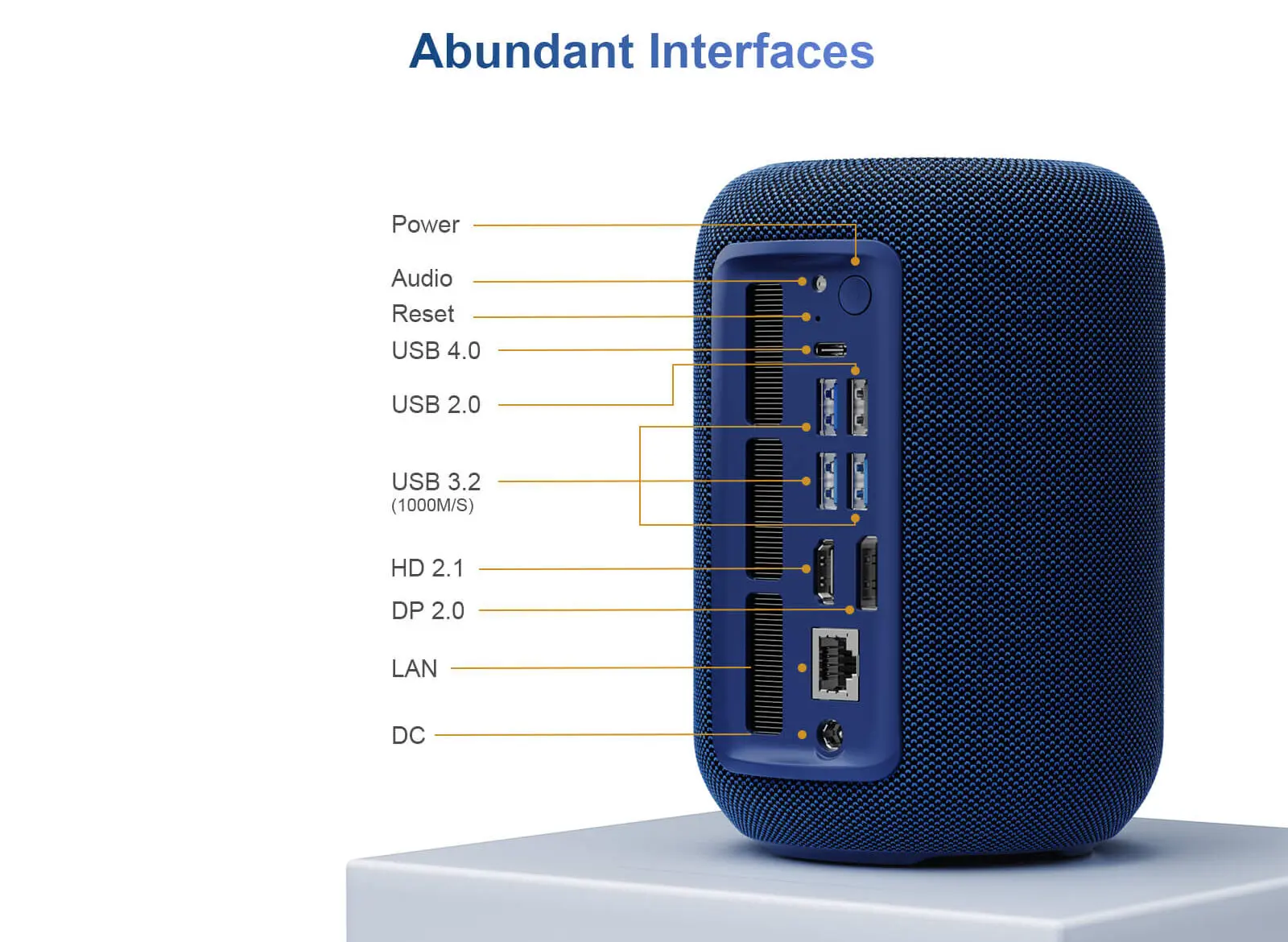 Mini PC Ryzen GTBOX T1 : un boîtier façon enceinte avec haut-parleurs intégrés 4 Mini PC GTBOX avec processeur Ryzen intégré dans un boîtier façon enceinte, grille avant et haut‑parleur visibles, vue produi