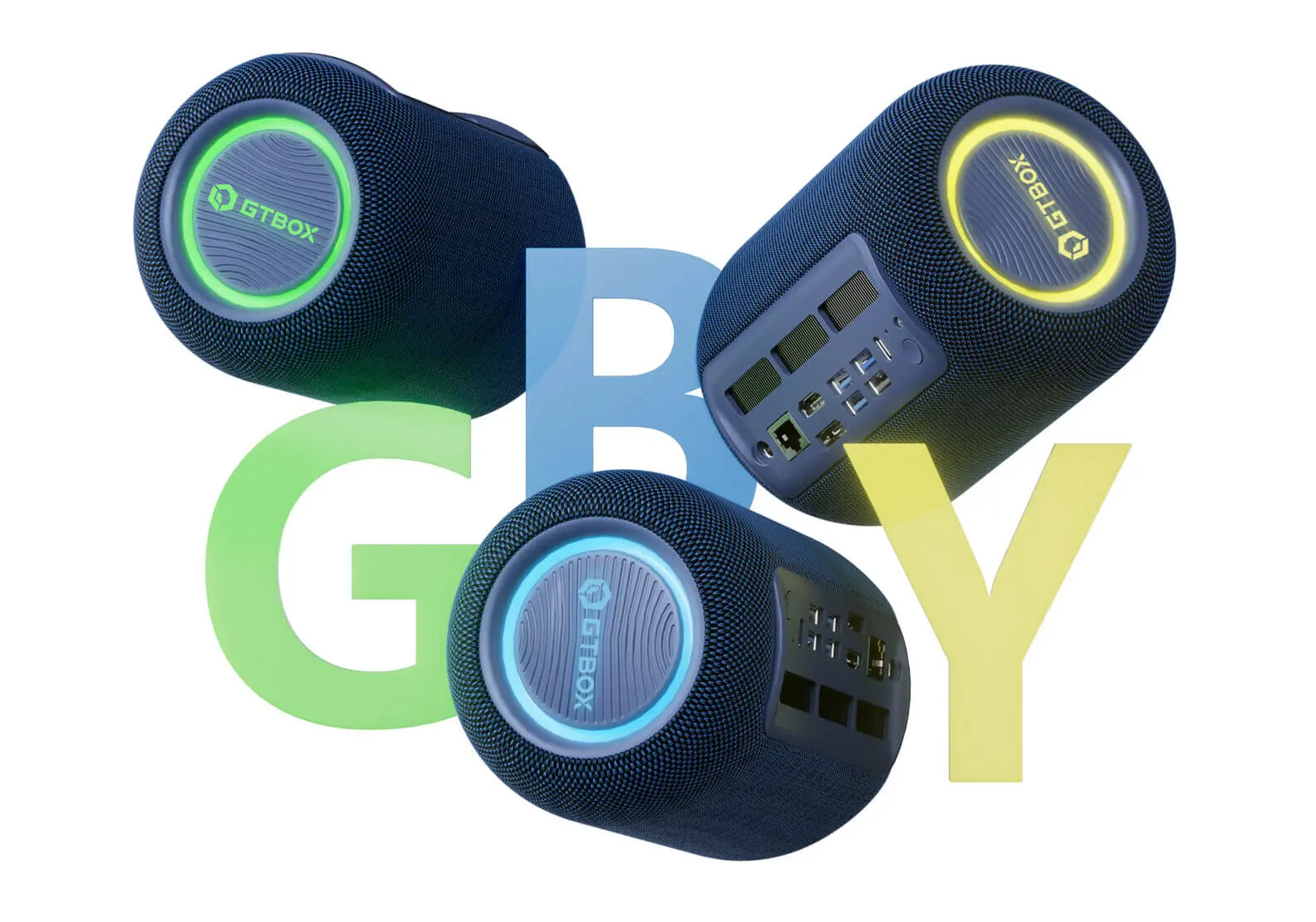 Mini PC Ryzen GTBOX T1 : un boîtier façon enceinte avec haut-parleurs intégrés 3 Mini PC GTBOX avec processeur Ryzen, châssis type enceinte et haut-parleur intégré, vu de face sur fond neutre.