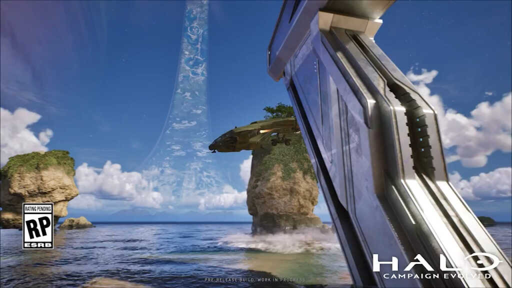 Deux Spartans armés avancent vers un anneau Halo endommagé, ciel orageux et débris, visuel de Halo: Gaming Evolved 2026.