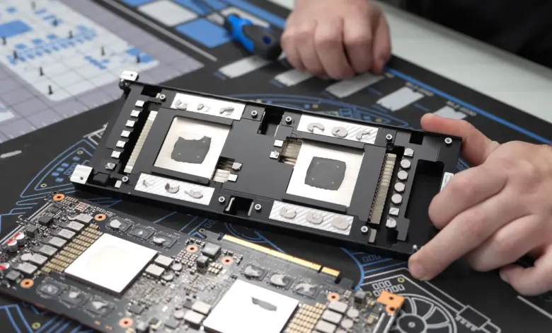Huawei Atlas 300I Duo : double GPU IA avec 96 Go à 1 400 $ démonté par Gamers Nexus 1 Gros plan d’un module Huawei Atlas 300I Duo avec double GPU et 96 Go en cours de démontage, révélant cartes et connecteurs.