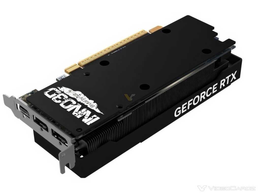GeForce RTX 5060 Low Profile : Inno3D compacte sa carte en demi-hauteur avec 3 ventilateurs 3 Carte graphique Inno3D GeForce RTX 5060 low profile et half height avec trois ventilateurs, vue de profil, format compact pou