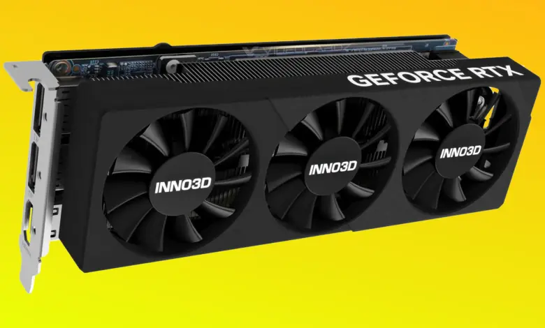 GeForce RTX 5060 Low Profile : Inno3D compacte sa carte en demi-hauteur avec 3 ventilateurs 1 Carte graphique Inno3D GeForce RTX 5060 low profile demi-hauteur avec trois ventilateurs et bracket court, vue de face sur fo