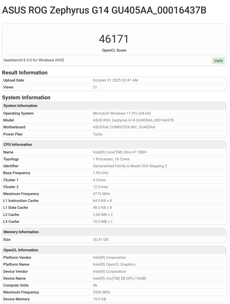 Capture montrant les scores GPU Xe3 Arc du Core Ultra X7 358H sous Geekbench, fuite Panther Lake liée aux performances proces