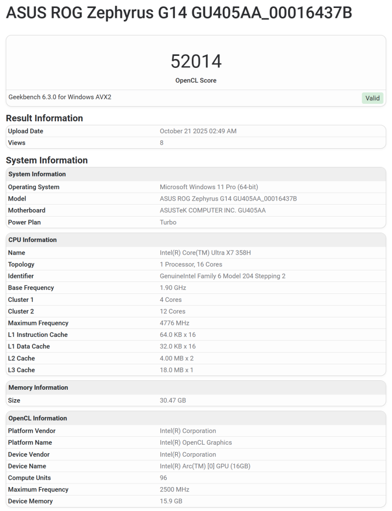 Visuel principal du Core Ultra X7 358H Panther Lake montrant le logo Intel et la mention Xe3 Arc, lié au score Geekbench du G