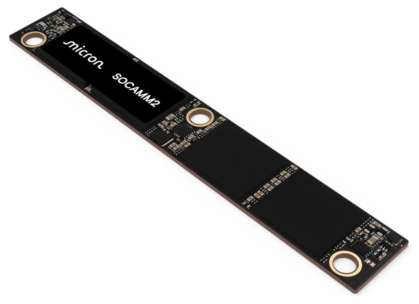 Micron SOCAMM2 : jusqu’à 192 Go en LPDDR5X pour doper les serveurs IA 6 Gros plan sur un module Micron SOCAMM2 192 Go, mémoire basse consommation pour serveurs IA, présenté sur fond blanc, vue de t