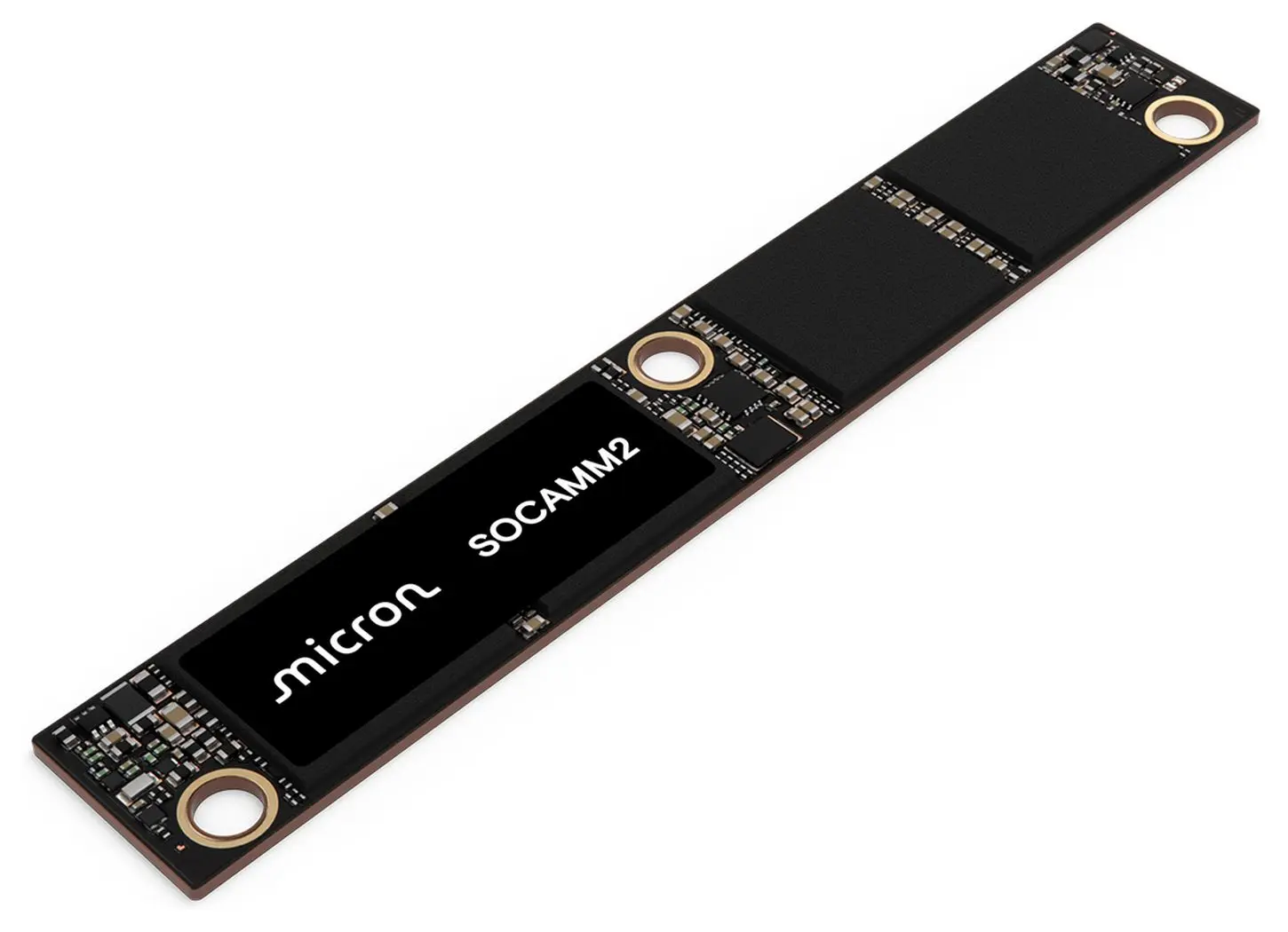 Micron SOCAMM2 : jusqu’à 192 Go en LPDDR5X pour doper les serveurs IA 5 Gros plan d’un module Micron SOCAMM2 192 Go, mémoire basse consommation dédiée aux serveurs IA, vue côté droit sur fond blanc