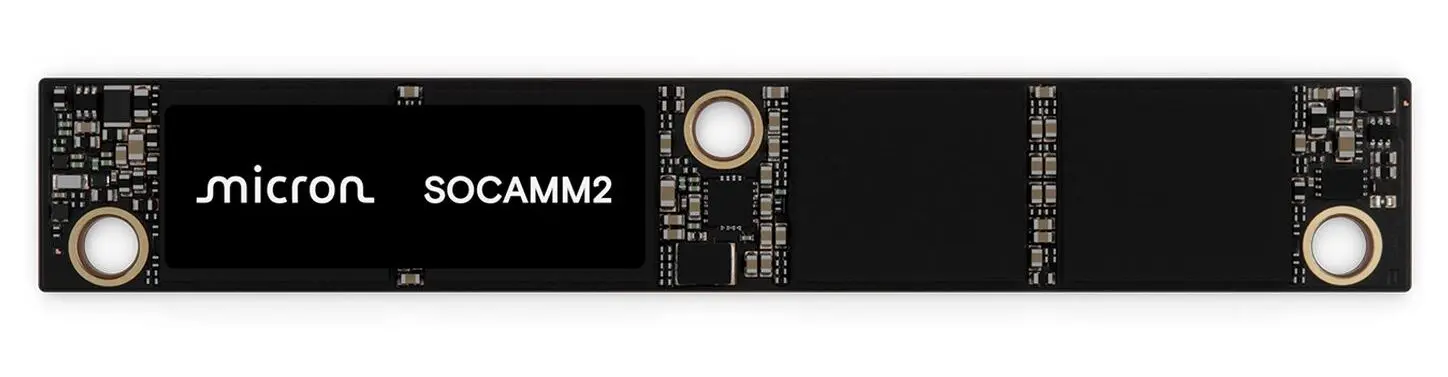 Micron SOCAMM2 : jusqu’à 192 Go en LPDDR5X pour doper les serveurs IA 4 Module Micron SO-CAMM2 192 Go en gros plan, memoire basse consommation pour serveurs d’IA, face avant sur fond blanc.