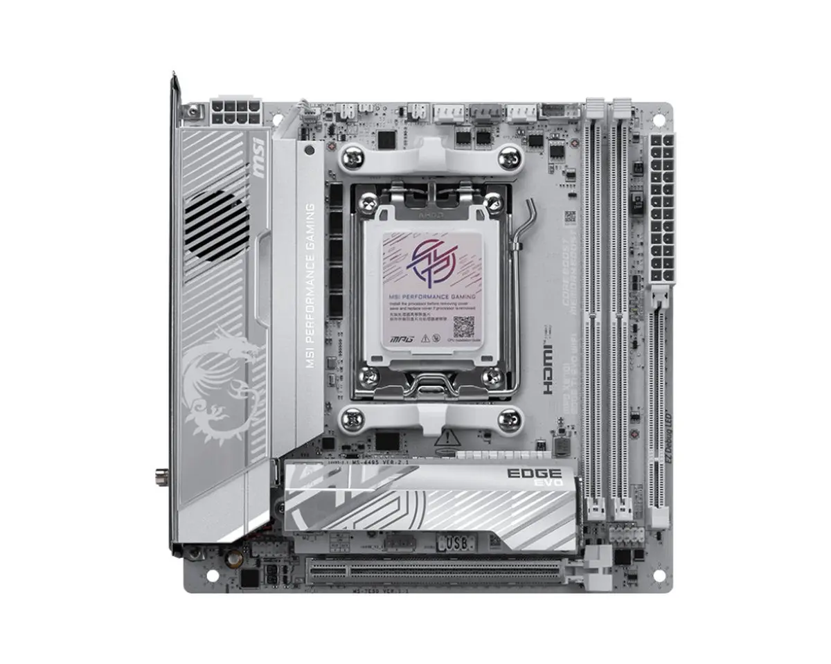 Carte mère MSI MPG X870I EDGE TI EVO Mini‑ITX pour processeurs AM5, avec deux slots DDR5 et radiateurs VRM compacts.