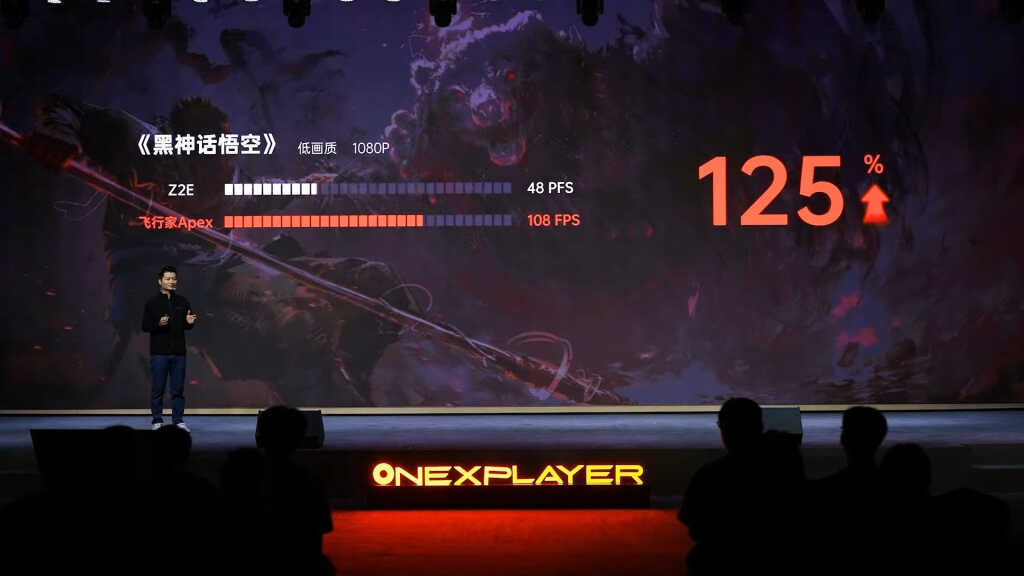 Console portable OneXPlayer OneXfly Apex avec puce Ryzen AI MAX 395, vue de face affichant l’écran et les contrôles, design n