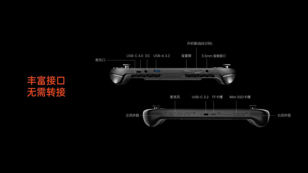 Console portable OneXPlayer OneXfly Apex avec Ryzen AI MAX+ 395, design noir, sticks asymétriques et grand écran affiché en g