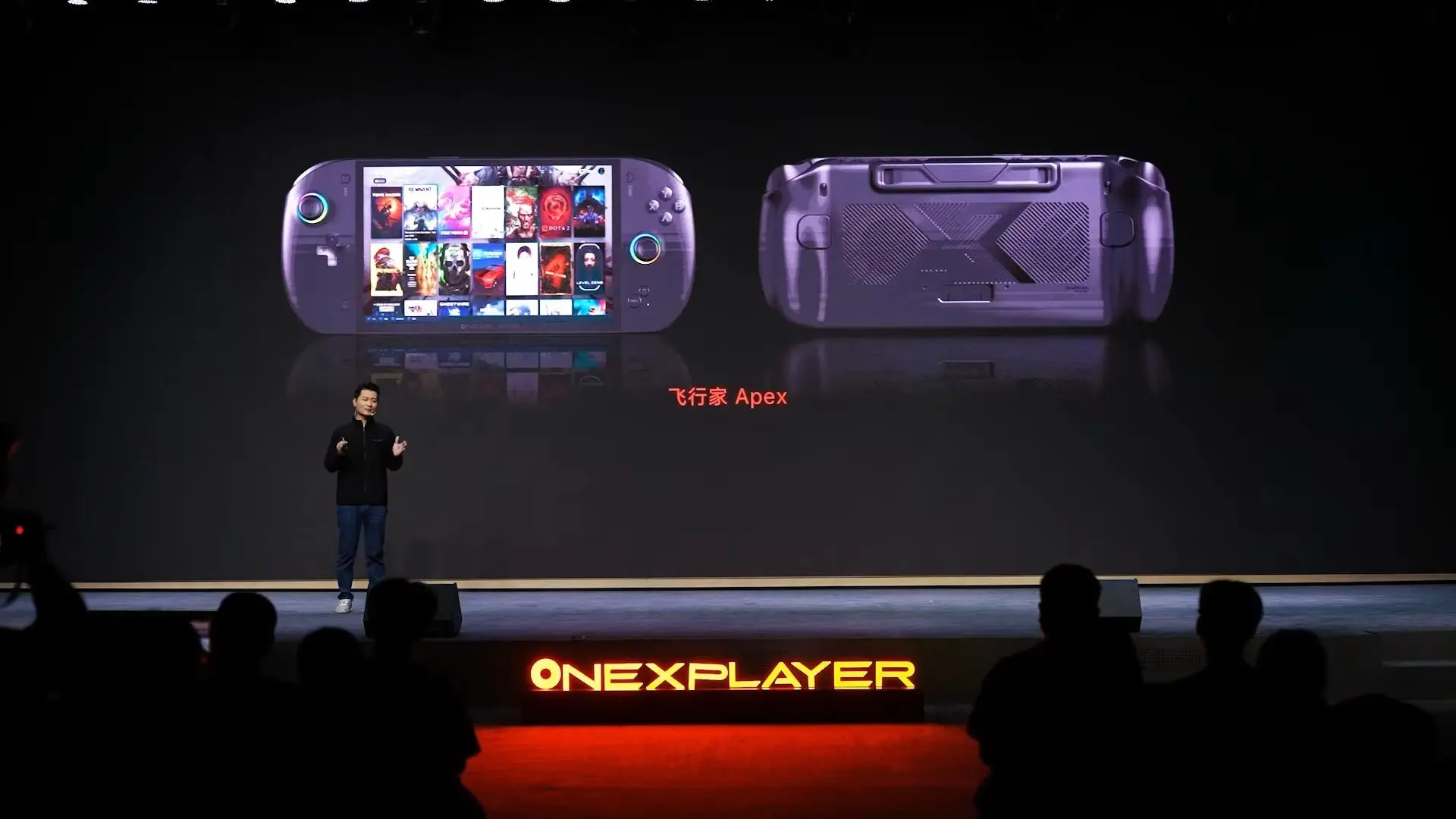 Console portable OneXPlayer OneXfly Apex avec puce Ryzen AI MAX 395, vue de face montrant l’écran, les sticks et boutons RGB.