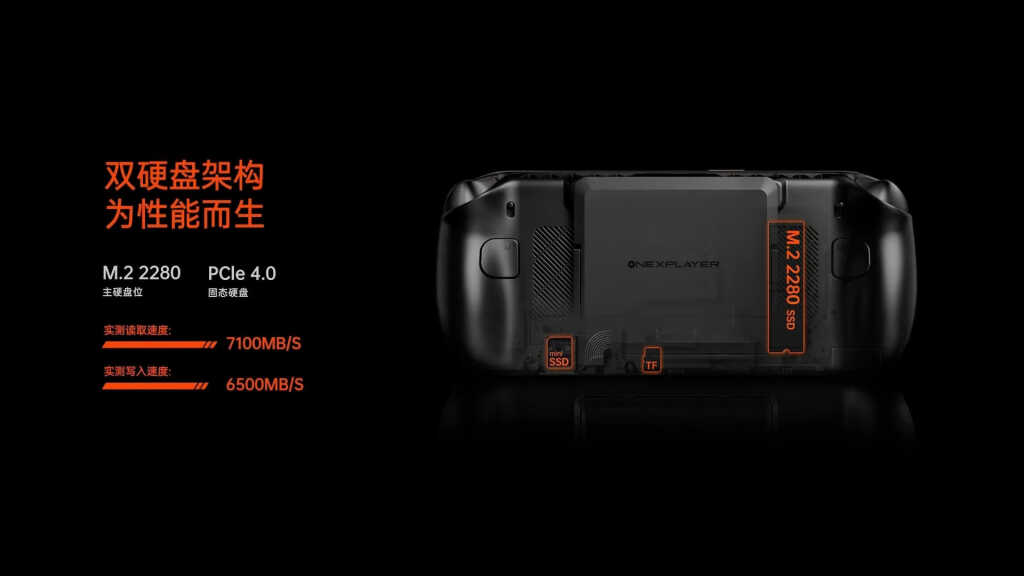 Vue rapprochée de la OneXPlayer OneXfly Apex avec puce Ryzen AI MAX 395, montrant le design du handheld et ses commandes.