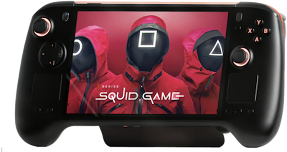 Console portable OneXfly Apex avec joysticks et grand écran, design noir, présentation produit pour news processeurs Ryzen AI