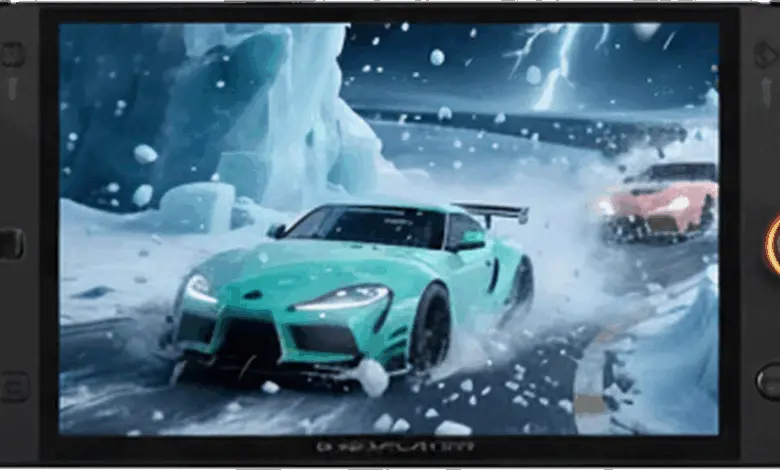 Console portable OneXPlayer OneXfly Apex affichant l’écran d’accueil, sticks asymétriques et commandes RGB, design noir.