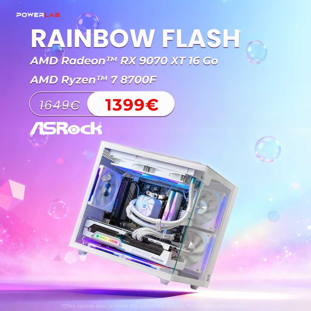 Bon plan Powerlab : un PC Gamer équilibré en promo, basé sur la Radeon RX 9070 XT 2 pc gamer rainbow flash 9070 xt promo powerlab 01
