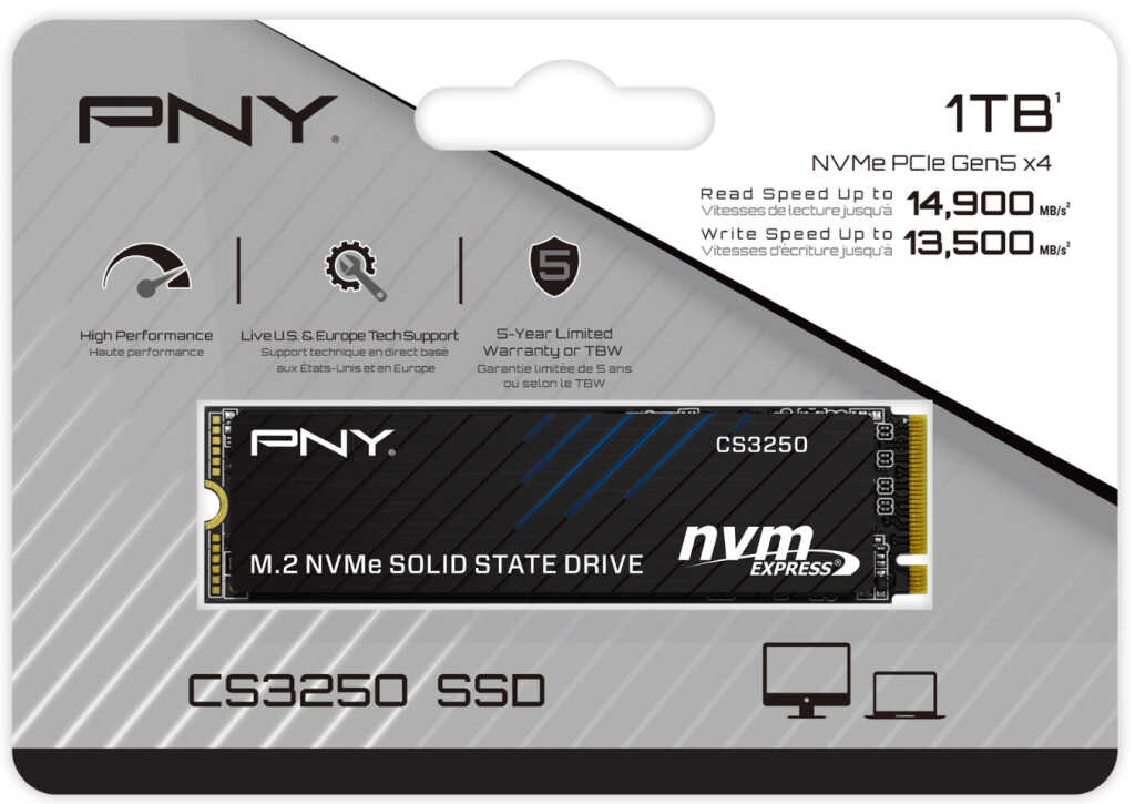 PNY CS3250 Gen5 : un SSD M.2 jusqu’à 14,9 Go/s pour PC de pointe 18 PNY CS3250 Gen5 SSD M.2 NVMe PCIe 5.0, vitesses jusqu’à 14,9 Go/s, dissipateur aluminium, stockage haute performance PC