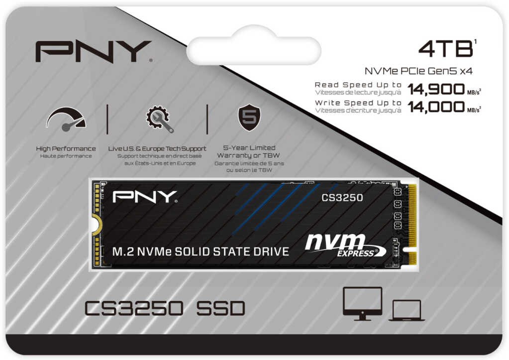 PNY CS3250 Gen5 : un SSD M.2 jusqu’à 14,9 Go/s pour PC de pointe 22 PNY CS3250 Gen5 SSD M.2 NVMe PCIe 5.0, jusqu’à 14,9 Go/s, stockage haute performance pour PC gaming/desktop