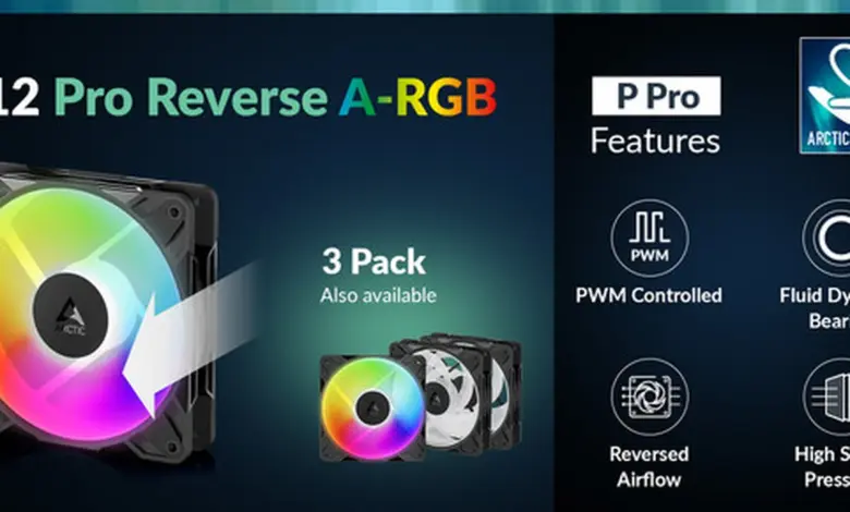 ARCTIC P12 Pro Reverse A-RGB : des ventilateurs inversés pour des builds soignés 1 ARCTIC P12 Pro Reverse A-RGB, ventilateur 120 mm à pales inversées, flux optimisé, éclairage adressable, montage clean