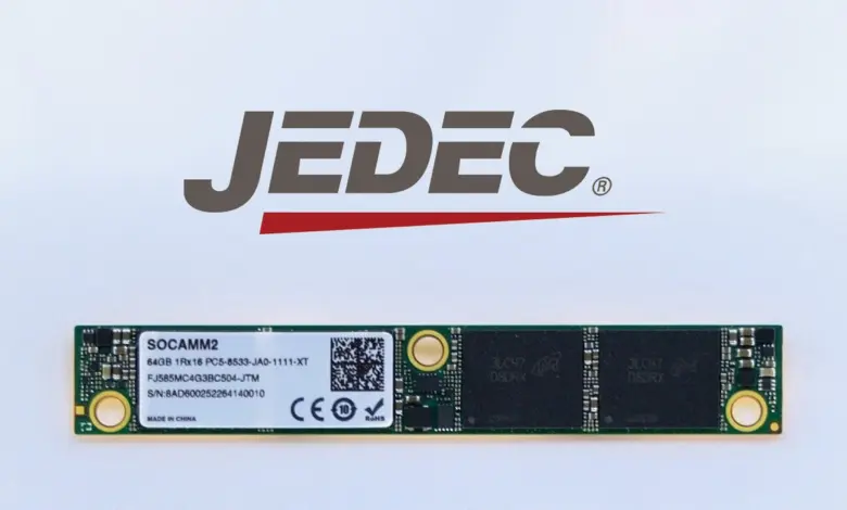 JEDEC finalise le standard JESD328 SOCAMM2 pour des modules LPDDR5X dédiés à l’IA 1 JESD328 SOCAMM2 finalisé par JEDEC : modules LPDDR5X IA, format compact, bande passante élevée, faible latence