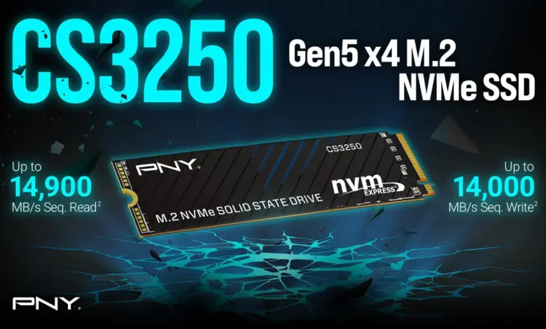 PNY CS3250 Gen5 : un SSD M.2 jusqu’à 14,9 Go/s pour PC de pointe 1 PNY CS3250 Gen5 NVMe M.2 SSD PCIe 5.0, jusqu’à 14,9 Go/s, dissipateur thermique, stockage haute performance PC