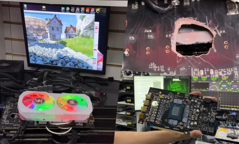 Illustration de l'article : RTX 5070 Ti ressuscitée : une RX 580 en VRM externe après un PCB troué (vue principale)