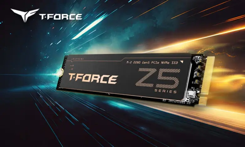 SSD PCIe 5.0 T-Force Z54E : jusqu’à 14 900 Mo/s en lecture pour doper les PC 1 Photo du SSD NVMe TeamGroup T‑Force Z54E PCIe 5.0, mettant en avant des vitesses jusqu’à 14 900 Mo/s en lecture.