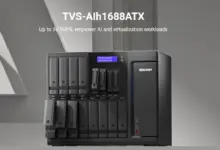QNAP TVS-AIh1688ATX NAS IA entreprise avec NPU Intel 36 TOPS, châssis rackable, multiples baies HDD/SSD, ports réseau 10GbE