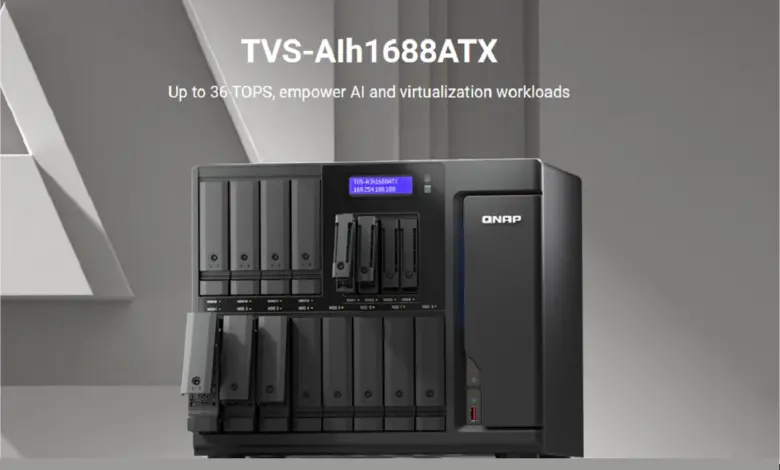 QNAP TVS-AIh1688ATX : NAS IA avec NPU Intel et 36 TOPS pour entreprises 1 QNAP TVS-AIh1688ATX NAS IA entreprise avec NPU Intel 36 TOPS, châssis rackable, multiples baies HDD/SSD, ports réseau 10GbE
